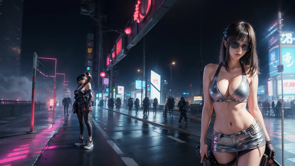 8k, Realistic Skin Texture, Realistic Photo, Neo Tokyo, slim women, large-breast:1.3 cleavage:1.2, AD2050 at night, Dirty hunting jacket, Wearing tube top, miniskirt, (((black sunglasses, automatic rifle, sneakers, cold, shooting pose, very low angle view))), Innovative composition, revenge, cyberpunk, blade runner worldview, Large neon sign, Geisha hologram sign, Strong Wakamoto Sign.