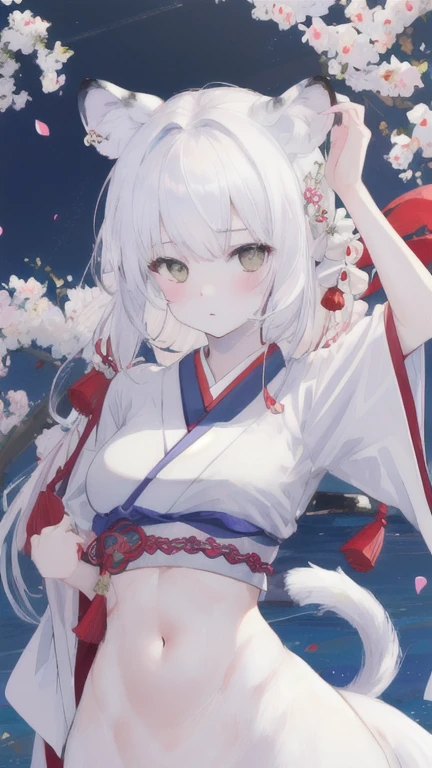 (best quality, masterpiece), 1 girl, centaur, It takes, White skin, Japanese , exposing the abdomen,belly button t-shirt, 아름다운 소녀 perfect white tiger photo, perfect white tiger photo