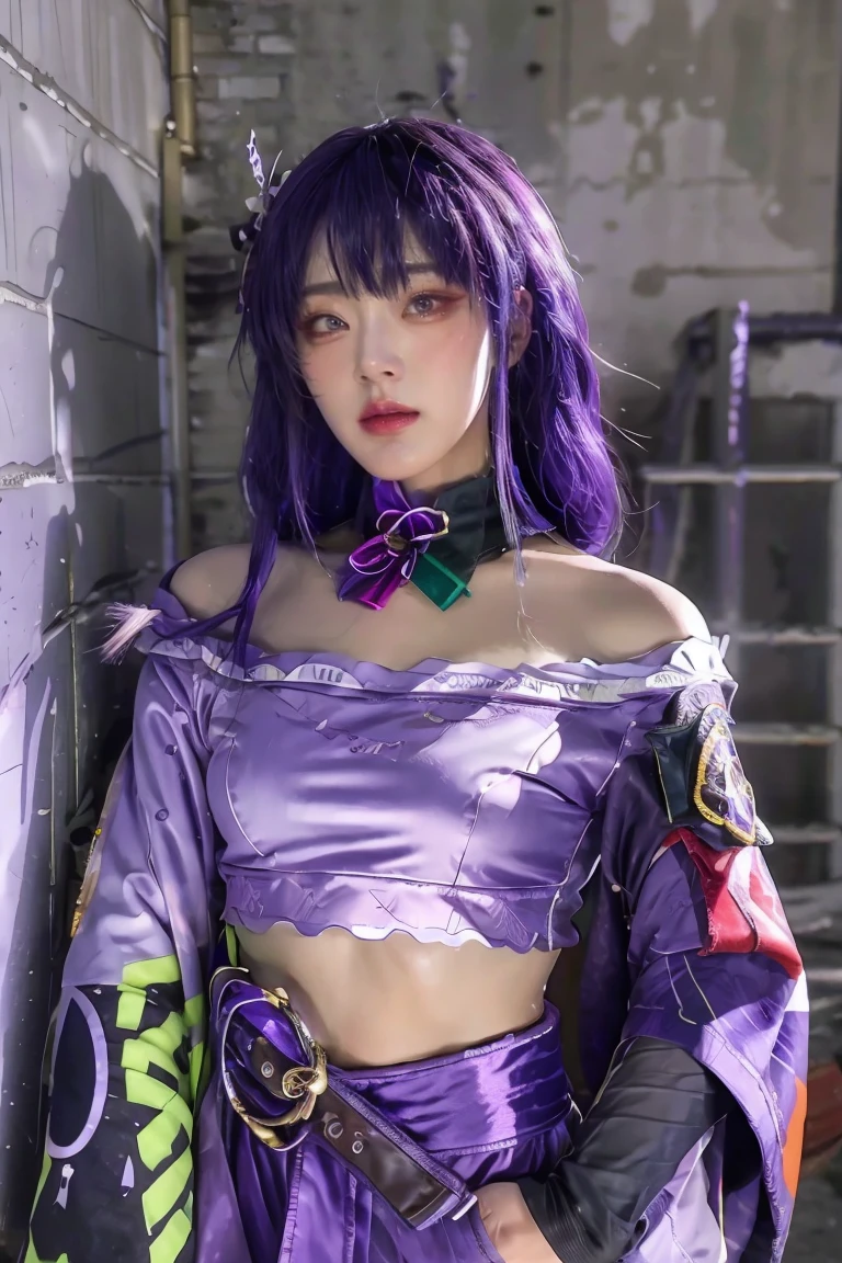 (masterpiece, best quality, 1girl, solo, intricate details, chromatic aberration), realistic, ((medium breath)),long hair, purple hair, purple head ornament, purple highlights, hair over one eye, green eyes, sharp eyes, choker, neon shirt, torn legwear, open jacket, turtleneck sweater, against wall, brick wall, graffiti, dim lighting, alley ,look at viewer,