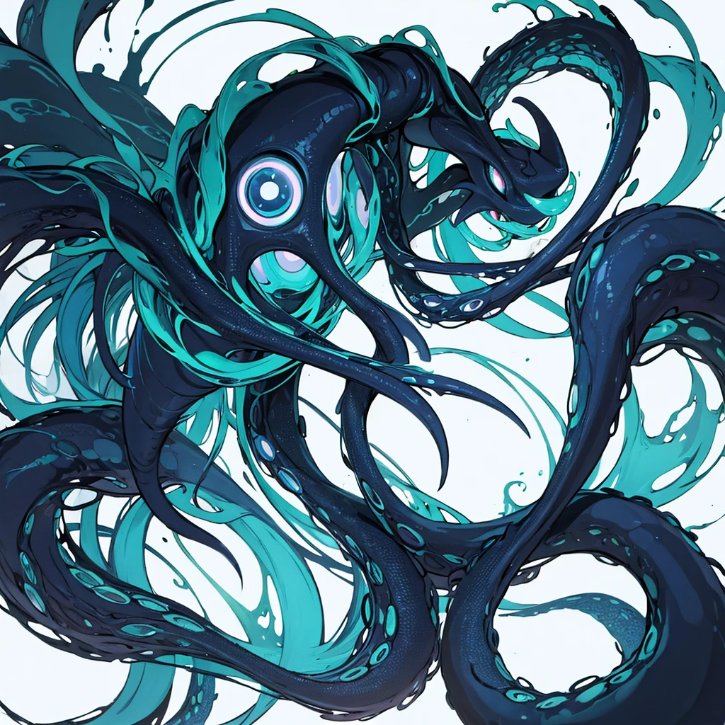 (((No humans)))、An alien tentacle creature with tentacles branching out from a central body with a single large eye、From the side、From above at an angle