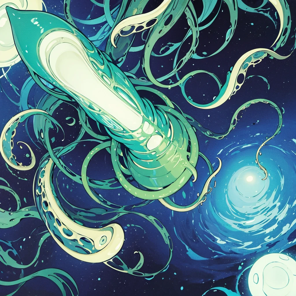 (((No humans)))、An alien tentacle creature with tentacles branching out from a central body with a single large eye、From the side、From above at an angle