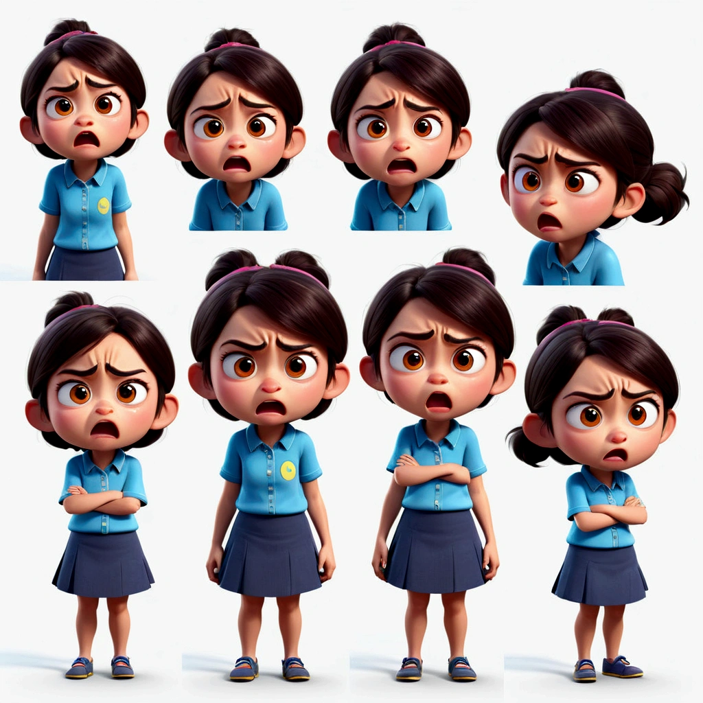 a girl,angry emoil, Pixar style、3D、blender、C4D,4 images ,sticker style multiple poses and expressions, different emotions, white background --niji 5