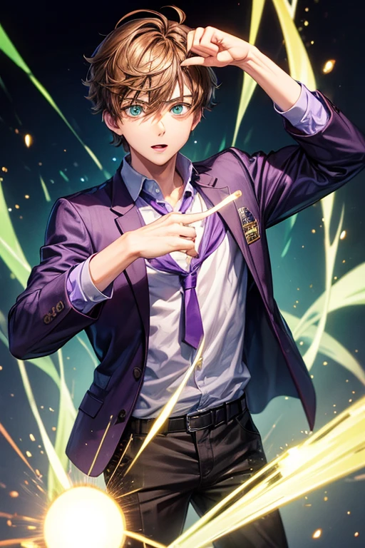 21-year-old boy with light brown hair and bright green eyes with a purple background, wearing school clothes and with powers of telekinesis and telepathy