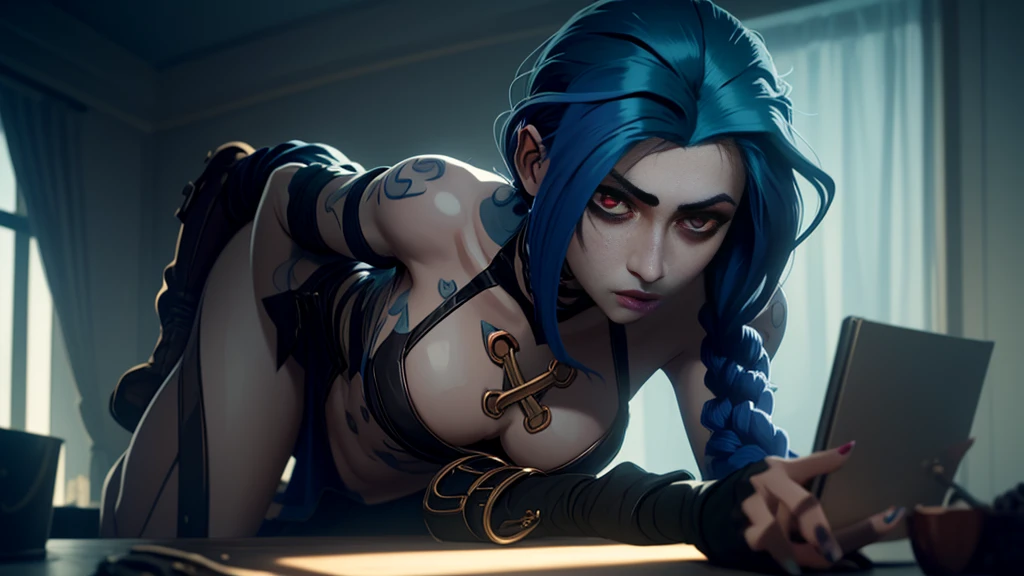 a image of anime artwork featuring a girl with blue hair laying down naked on the floor, 1girl, hetero, jinx (league of legends), breasts, penis, vaginal, sex, nipples, tongue, 1boy, braid, tongue out, gloves, candle, uncensored, tattoo, long hair, navel, pussy, twin braids, nude, saliva, blue hair, small breasts, pink eyes, black gloves, teeth, elbow gloves, fire