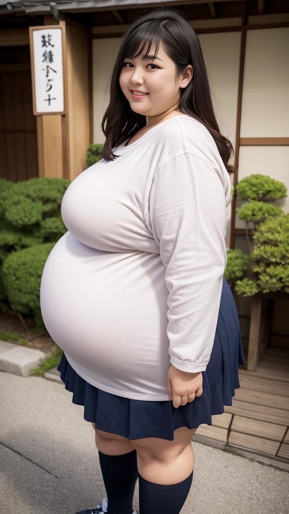 realistic depiction、super obeseのjapanese woman、super obese、Weight 300kg、very fat woman、japanese woman、laughter、Tight Skirt、outdoor、a bit、little woman、His height is only 145cm、short legs、go pro Japanese ssbbw, non nude, full shot, very beautiful face, super obese, full body, sweat parker, sneaker,, super obese japanese, gigantic 、super big belly
