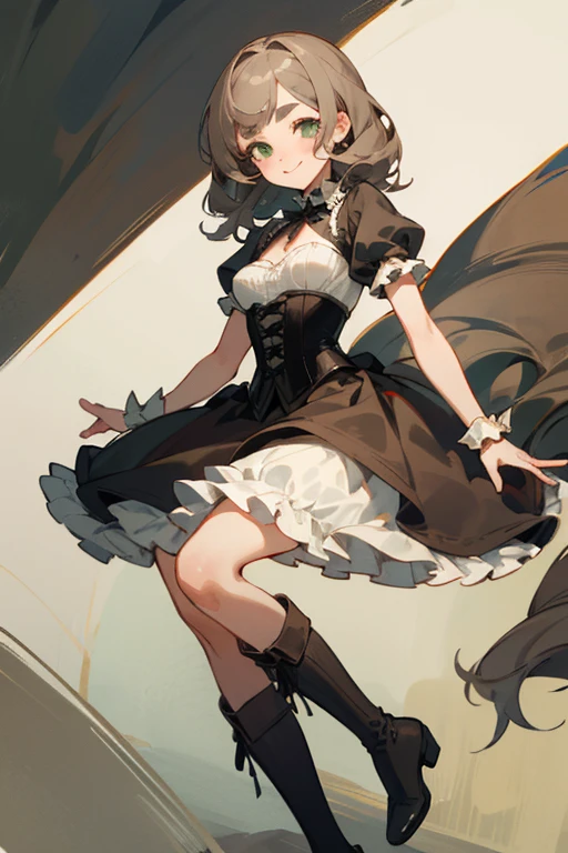 Highest quality　masterpiece　detailed　girl　Grey brown hair color　Well-groomed hair　Wave Long　Gray-green eyes　dress　corset　Frills　drape　dress　boots　Bangs on eyebrows　Troubled Smile　Relief