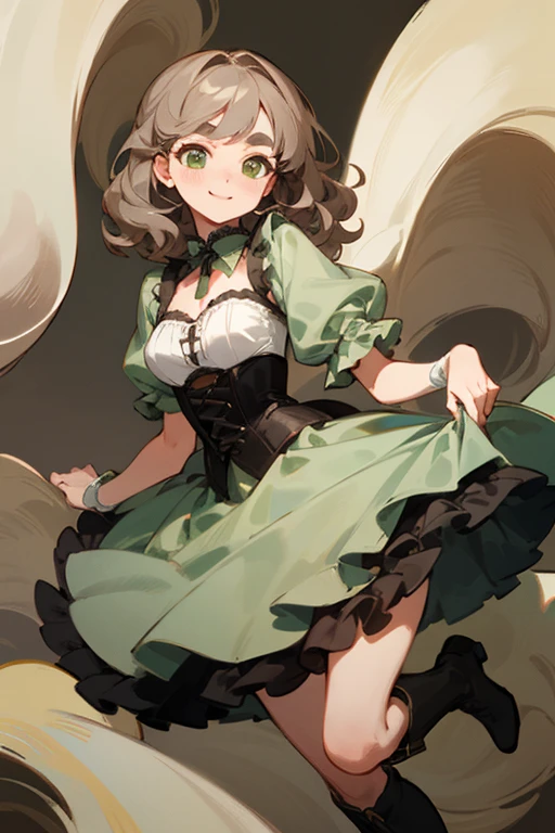 1 girl, anime, high quality, intricate details, black hair, fluffy hair, short hair, elegant, futuristic setting, maid dress, stockings, green streaks in hair, steampunk accessories, stoic expression, lacy umbrella