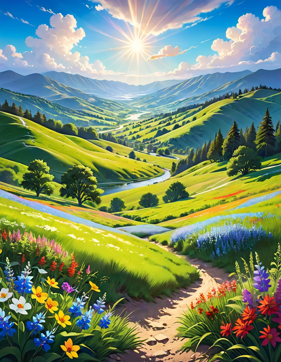 a beautiful detailed landscape, lush green meadow, colorful wildflowers, fluffy white clouds in a bright blue sky, sunlight streaming through clouds, rolling hills in the distance, intricate foliage, photorealistic, vibrant colors, natural lighting, serene, tranquil