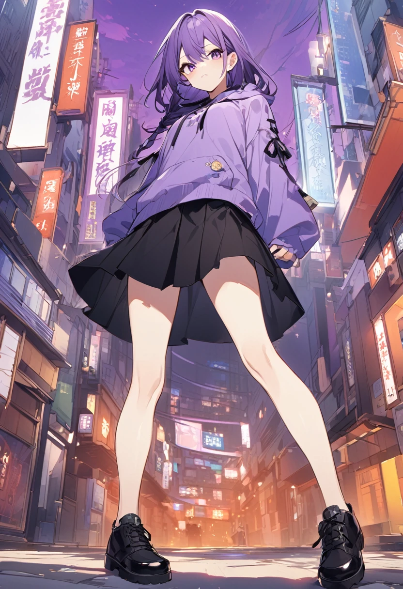 Keito。Purple hoodie。Black Skirt。Purple Eyes。Purple Hair。Black shoes下。Black shoes。Taiwan