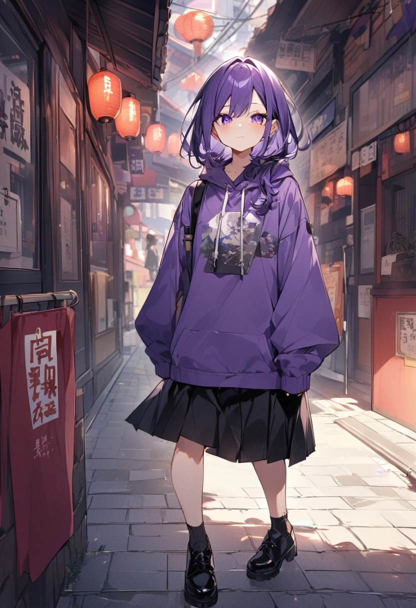 Keito。Purple hoodie。Black Skirt。Purple Eyes。Purple Hair。Black shoes下。Black shoes。Taiwan