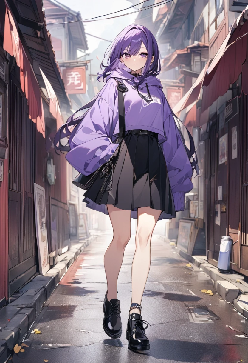 Keito。Purple hoodie。Black Skirt。Purple Eyes。Purple Hair。Black shoes下。Black shoes。Taiwan