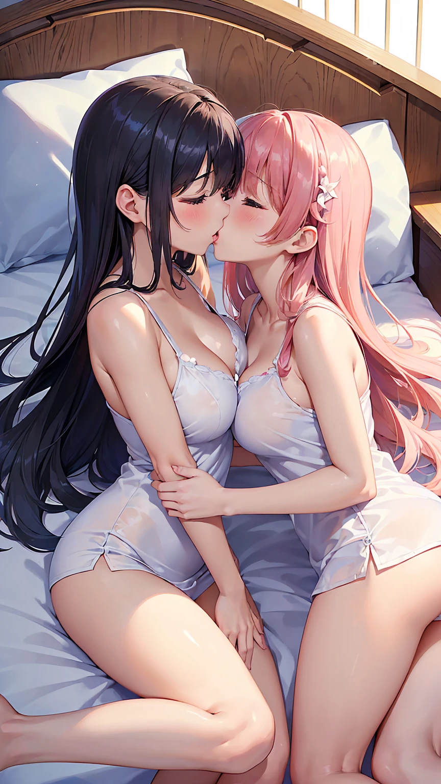 ((Highest quality、High resolution))、(((Two Girls))), Portraiture、beautiful girl、Perfect body、Beautiful and bountiful breasts、classroom、high school girl、bra、Panties、Embarrassing、(((抱き合ってkissしてる、kiss、lily、I&#39;Seduce you)))、evening、Beautiful sunset