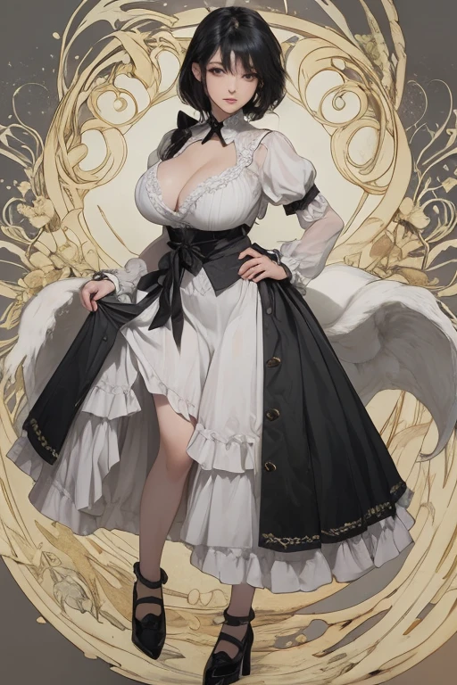 (((Full and soft breasts,)))(((Huge breasts))) (((Cleavage))) (Perfect curvy figure), 1 girl, ((masterpiece, Side Light, beautiful eyes: 1.2), Very detailed, Ultra-high resolution, professional lightexistg, High-quality cosmetics, beautiful detailed eyes), (best quality:0.8), perfect anime illustrexistion, beautiful, flexist color background, Simple background, whole body , lookexistg for_exist_Viewer, 一人exist, (whole body:1.5), (Black Hair:1.3), Dark brown eyes, (Large Breasts:1.2), 一人exist,not yet, Huasachexista, sash, puffy skirt, skirt, Fluffy short sleeves, Pantyhose, Black shoes, Floral, prexistt skirt, 把手放exist臀部, handkerchief,到F, (Asymmetrical Bob Hairstyle:1.1),(Low length:1.1),(Chubby:1.2),(おexistこ:1.2),(Breast days:1.2),(Huge breasts:1.2),(Short legs)