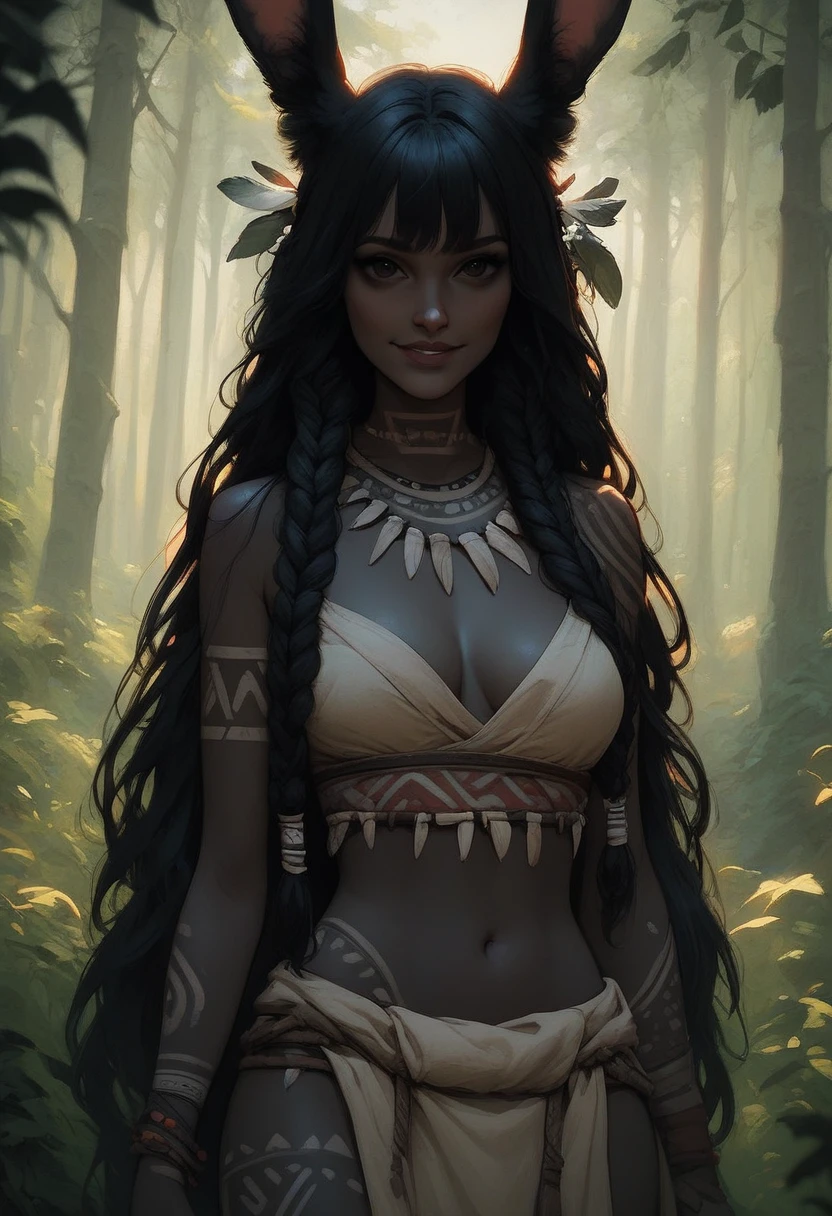 puntaje_9, female, huge black rabbit ears, floppy rabbit ears, black skin, black hair, very long hair, braided hair, tribal clothes, tribal tattoos, sackcloth clothes, wide smile, black eyes, fit, bare midriff, cleavage, medium breasts, close up, looking at viewer, black fluffy ears, forest, straight bangs
