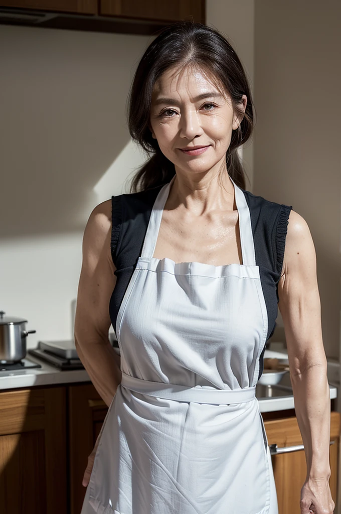 (masterpiece:1.4),(63-year-old woman:1.5),(facial wrinkles 1.2), (long седые hair : 1), A kind smile,maternal, Mature Woman, (white apron : 1.3), (sleeveless uniform : 1.2), acnes, skin blemishes, fleckles,(plump arms : 1.3), kitchen