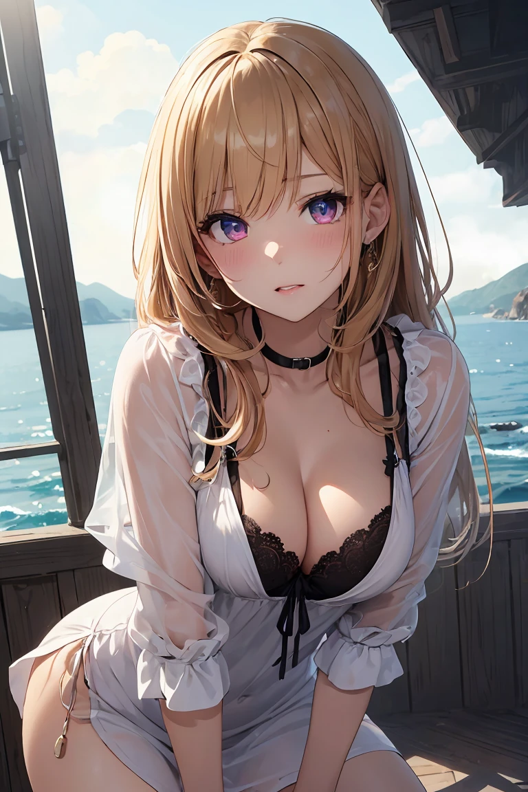 masterpiece, absurdres, best quality, ultra detailed, high Resolution, detailed illustration, bright colour, (extremely beautiful detailed face and eyes, Delicate beautiful face, 1 girl, cute face:1.3), (magenta eyes:1.1), sparkling eyes, big eyes, big breasts, (perky breasts:1.1), (pointy breasts:1.1), medium hips, glamorous body, white skin, BREAK, (blonde hair:0.8), messy hair, detailed hair, shiny hair, BREAK (down blouse, mini casual dress:1.3), perfect lighting, (ecstasy, vulgarity:1.5), (embarrassed:1.3), (sea, Forward bending:1.3), From below,