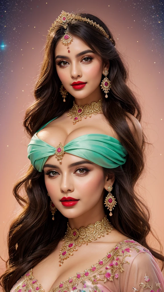 perfect pink eyes, fantastic face, Indian, beautiful look, ((red lips, bright eyes, curve heir 1.5)), ((beautiful details very big breast )), (Straight round and ultra huge clevage, not sagging breast), A glorious gorgeous, glorious gorgeous face, pretty face, bright eyes, detailed elegant printed red hijab, updo elegant hair, blurred gray tones background, ultra focus, face ilumined, face detailed, 8k resolution, painted, dry brush, brush strokes, razumov style and garmash style, by Tokaito, (fluorescent colours:1.4),(semi transparent:1.4),(retro filters:1.4),(fanciful:1.4),Candy World Disneyland Ethereal Soft Fluffy Soft Landscape Forest Snowflake Pale Pink Sky Green Blue Sparkling Ethereal Light Soft Whimsical Light Rainbow Stars Diamond Sparkle Gemstone Background Ultra Realistic Ultra High Quality Cinematic Lighting Huge Details Full HD Painting Plenty of light,diagonal bangs, Dress with collar,side masterpiece, best qualityer,realskin,(sportrait:1.5), 1girll, bluntbangs, long whitr hair,