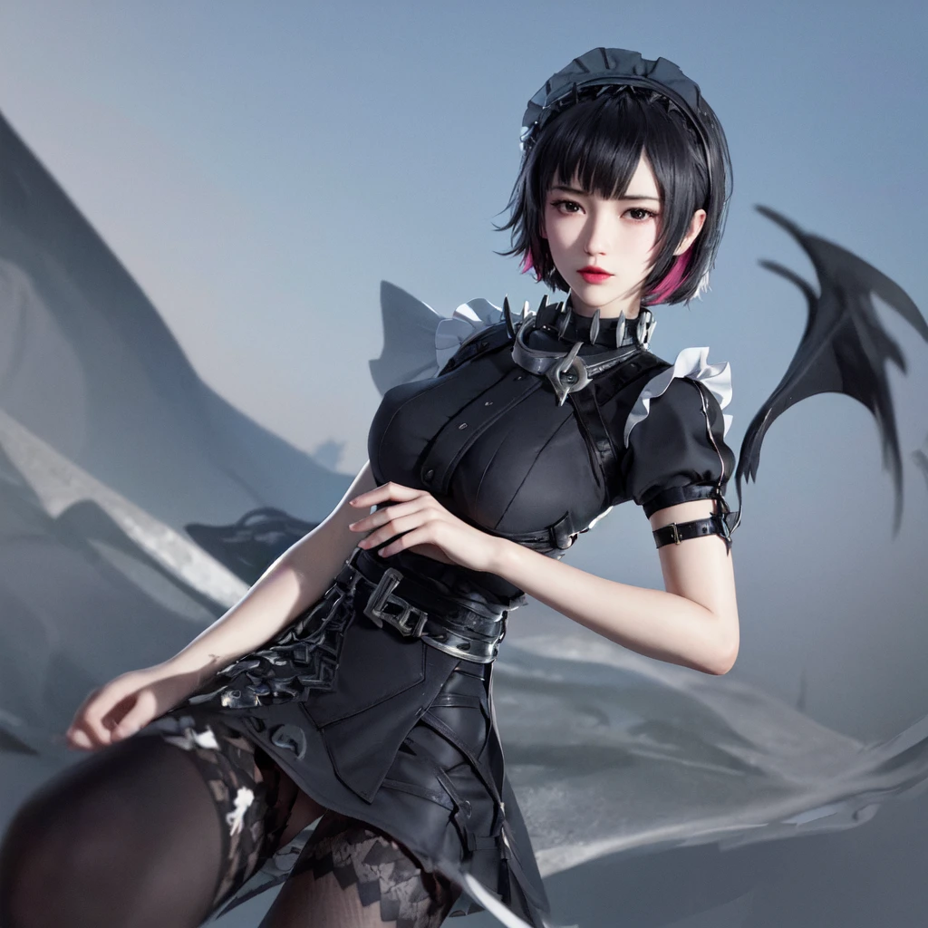 (Best Quality), Masterpiece, Extremely detailed CG8K paint, high color, Extremely high color saturation, All the colors deepen, central composition, extremely detailed lights and shadows, The face and eyes are very detailed., Medium long hair, sportswear, colorful clouds，beautiful nature，landscape，short black fur，white dress with thin straps，black fur，short hair，punk style clothing，short black fur，maid outfit，open navel，black stockings，black pantyhose，big breasts，shoulder length hair