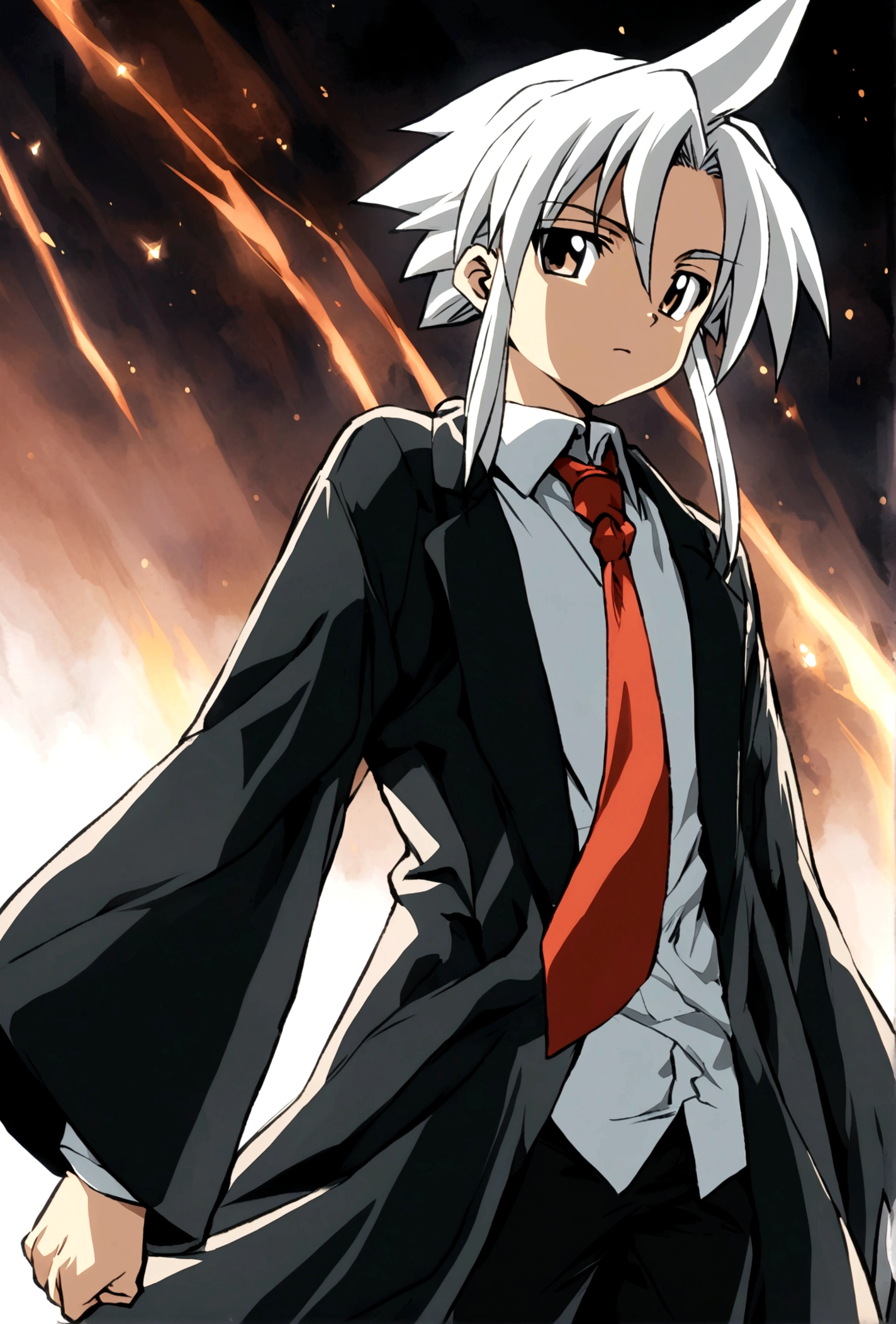 White haired charcater ,male , shaman King artstyle , hair divided from between into 2 bangs that reach colars ,black coat , black pants , red tie and white shirt ,all basic clothes