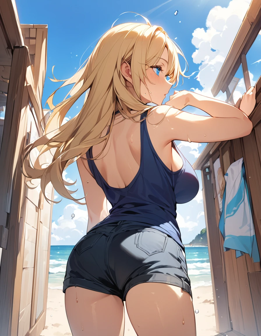 (Top quality illustrations:1.2), (pretty girl:1.1), (1 girl、、Top quality illustrations:1.2), (1 girl、Kind eyes、blue eyes:1.2)、Blonde、Semi-long hair、Mature、Beautiful breasts 、Tank top、Shorts、summer、blue sky、Sweat、Back view、hip focus