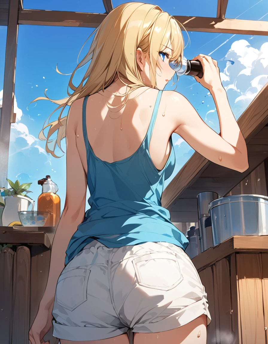 (Top quality illustrations:1.2), (pretty girl:1.1), (1 girl、、Top quality illustrations:1.2), (1 girl、Kind eyes、blue eyes:1.2)、Blonde、Semi-long hair、Mature、Beautiful breasts 、Tank top、Shorts、summer、blue sky、Sweat、Back view、hip focus