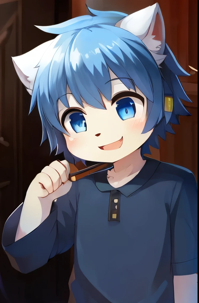 best quality,high detail,masterpiece,1 man,dark blue short hair,blue eyes, dark blue top,Furry,young,smiley face,white fur