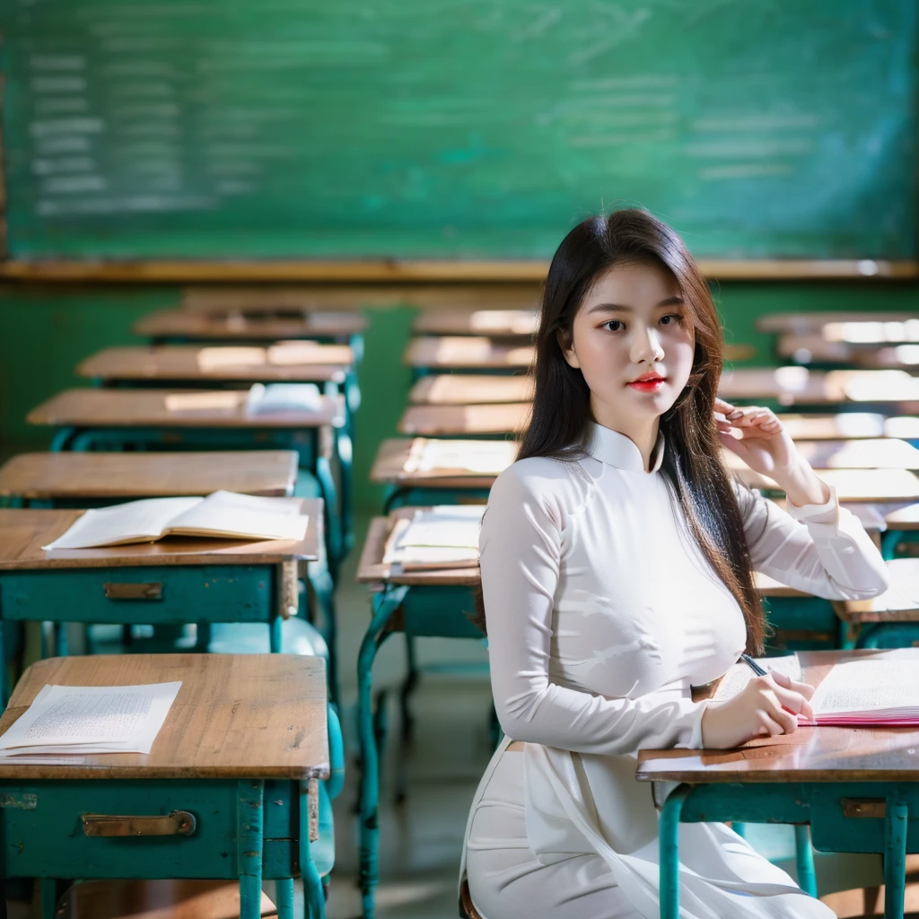 ((Ao Dai, big breasts, beautiful breasts, sitting on a chair in the classroom, attentively looking at the teacher lecturing, 8k quality photo with good details))