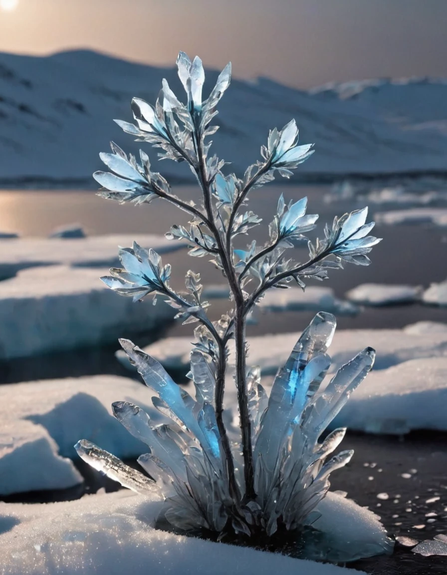 Create an image of a rare plant called Shiverbug, which grows exclusively in the remote, icy regions of the Arctic tundra. The plant should have luminescent, crystalline leaves that emit a bluish glow under the moonlight, and delicate, silver-colored stems that appear to be made of ice. The Shiverbug plant grows in small clusters hidden among snowdrifts and ice blocks. During the day, it appears almost transparent, but at night, it reveals its magical nature with a flickering brightness that attracts Arctic night birds and insects. The scene should depict a snowy, moonlit Arctic landscape with Shiverbug plants standing out as small, glowing jewels amidst the harsh and barren environment.