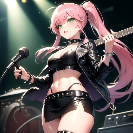 anime guitarist girl with long light pink hair with wispy curtain bangs that reach down to eyelashes, hair up in a ponytail, light green eyes, hourglass bodyshape, big breasts, wearing a black leather jacket, black face mask, dark grey top that does shows off chest a little bit, moss green skirt with chains on belt loops, black leather heel platform boots, rings and spiked bracelet on and spiked collar on, guitar in hand on stage