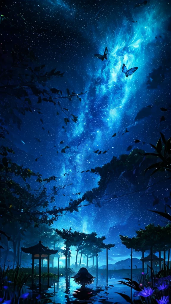 Cute girl characters、Describes a scene with grassy butterflies lying on the water flying around, Looking up at the starry sky. Surround her with colorful nebulae and her favorite constellations.