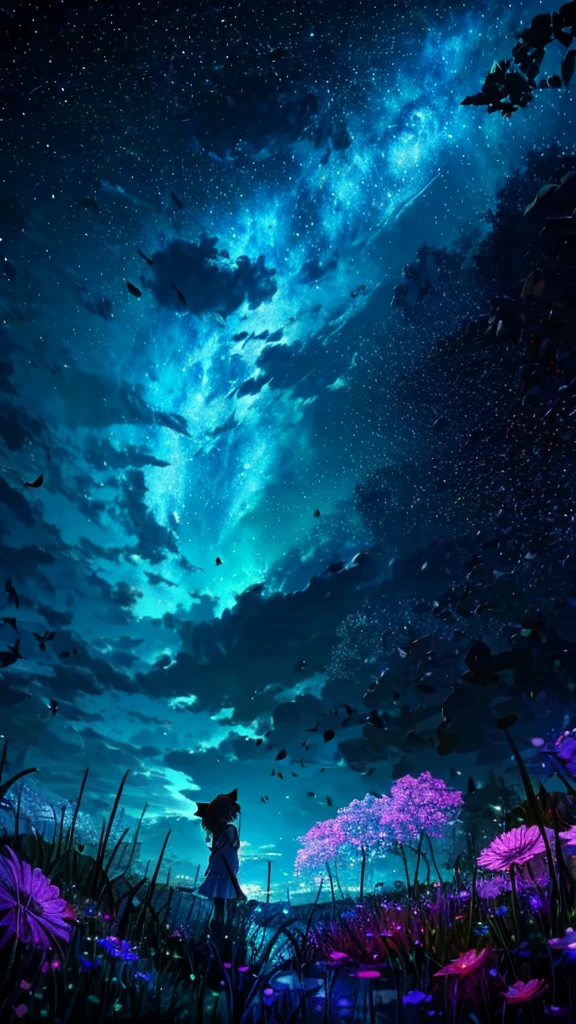 Cute girl characters、Describes a scene with grassy butterflies lying on the water flying around, Looking up at the starry sky. Surround her with colorful nebulae and her favorite constellations.