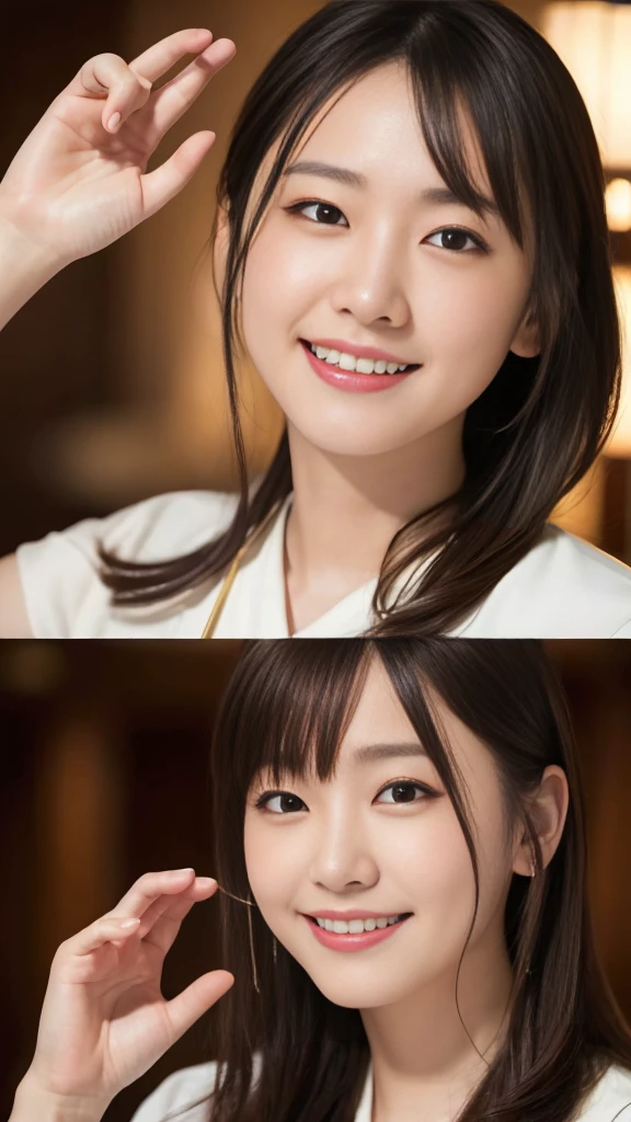 (Surreal), (High resolution), (8K), (Very detailed), (Beautiful and fine details), (Highest quality), (Ultra-detailed), (masterpiece), (Detailed face), Love Hotel Background、Yui Arakaki's face、huge 、Japanese: Tie your hair up、Laughter、Salute pose with a smile