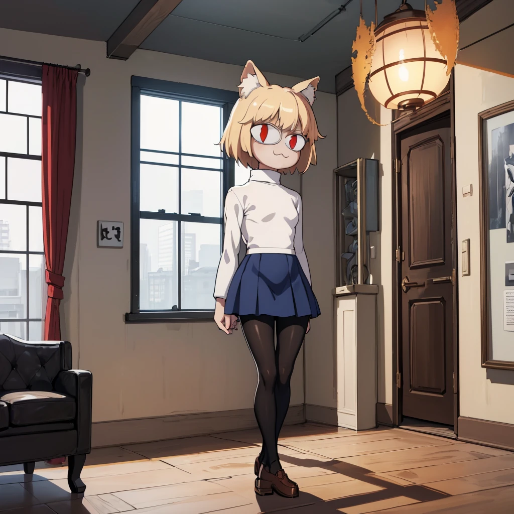 (masterpiece, best quality:1.2), necoarc, slit pupils, cat ears, blonde hair, red eyes, chibi, 1boy, solo, white turtleneck, blue skirt, pleated skirt, brown footwear, pantyhose, near a window, inside a room, highlight thighs, :3, landscape