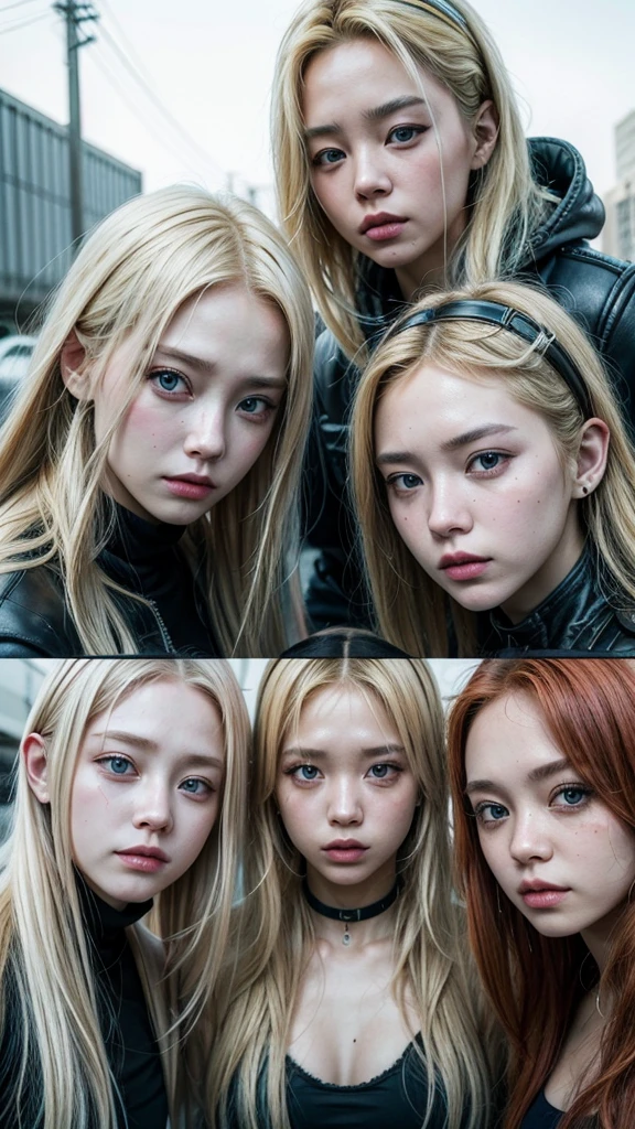 A post-apocalyptic scenario, where there are four blonde girls together, they are kpop idols and they are posing for a photo, your expressions are neutral, but soft.