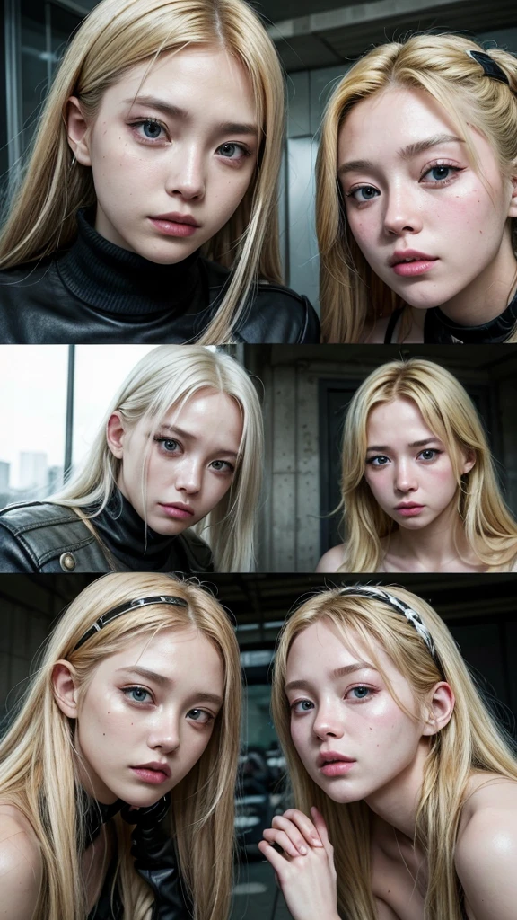 A post-apocalyptic scenario, where there are four blonde girls together, they are kpop idols and they are posing for a photo, your expressions are neutral, but soft.