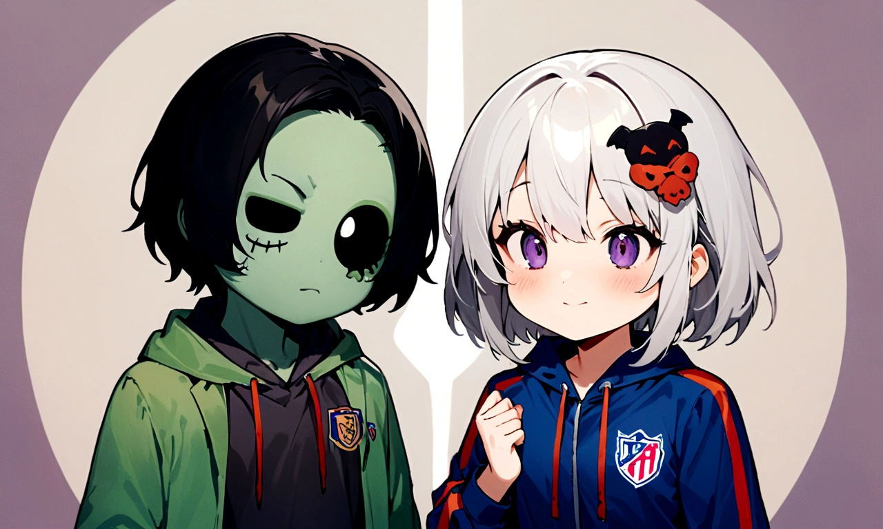 logomkrdsxl, logo of both teams, cute girl with hair ornament vs. cute zombie man,