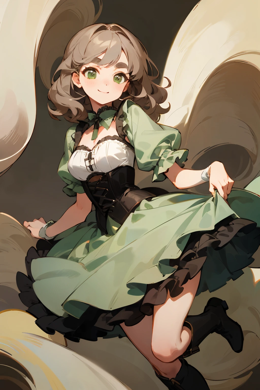 Highest quality masterpiece detailed girl Grey brown hair color Well-groomed hair Wave Long Gray-green eyes dress corset Frills drape dress boots Bangs on eyebrows Troubled Smile Relief