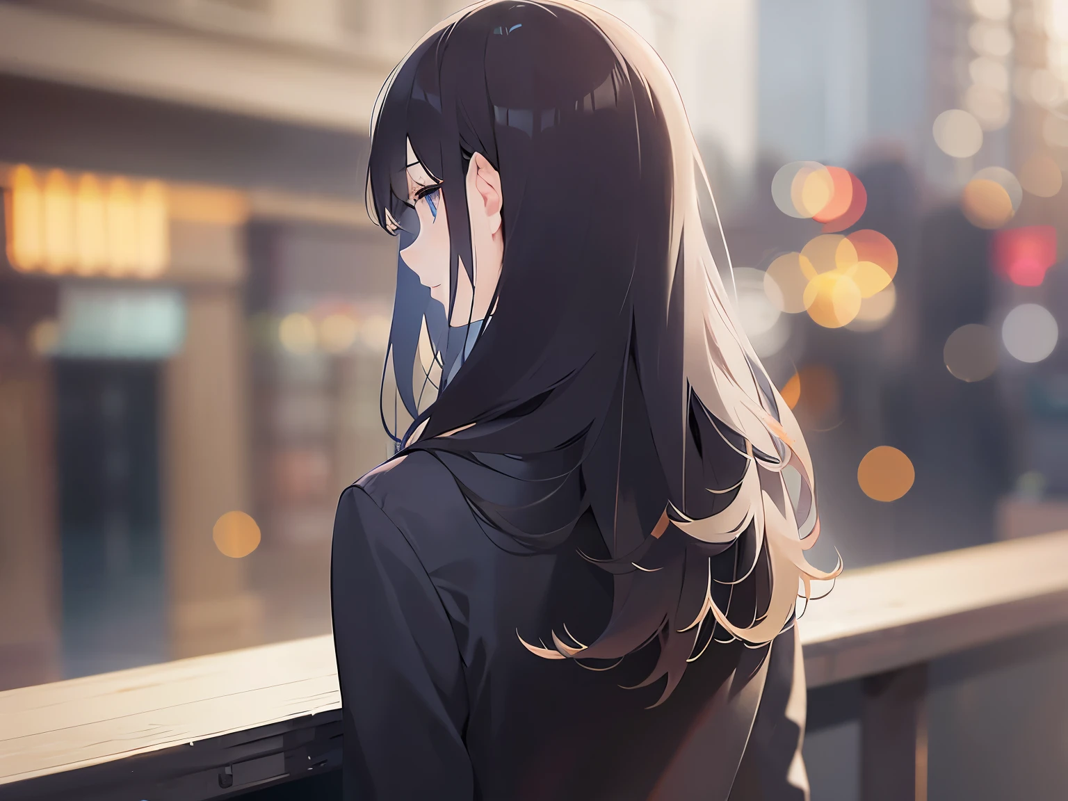 from behind,Upper Body, Realistic, real person, (pale skin: 1.2), RAW photo, photorealistic, shiny skin, shiny hair、(35 year old woman with medium length hair) and (wavy hair) and (brown hair) ,(Wearing a black suit jacket)、Back view