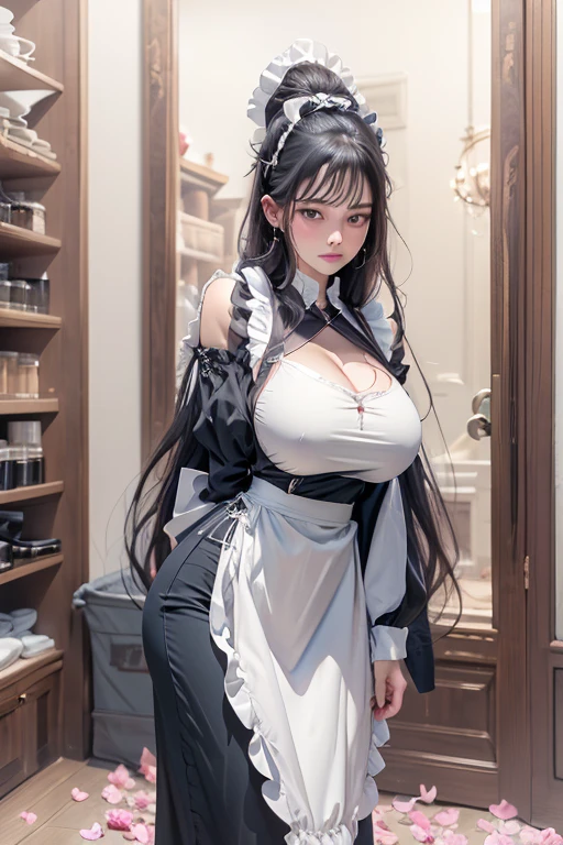 (masterpiece, best quality, absurd), (((Full and soft breasts,)))(((Huge breasts))) (((Cleavage))) (Perfect curvy figure), A woman,Mature,Mature,25 years old,Black Hair, Long straight hair, Bangs, Large Breasts, Tight waist, Purple Eyes, petal, Blue tanned skin, indoor, Gunsmith,Assault Rifles,maid,Black long skirt,maid headdress, maid apron, Cowboy shooting, blush, A faint smile, Tilting your head, bow