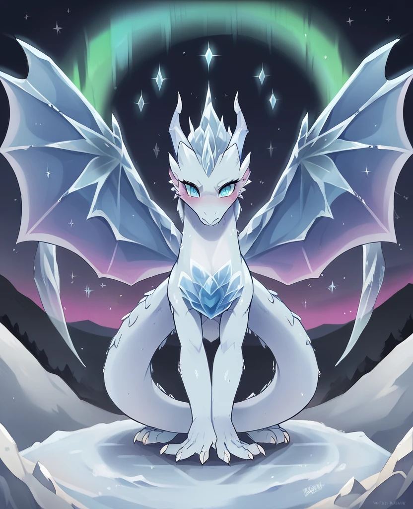 masterpiece, best quality, ultra-detailed, intricate illustration, detailed lighting, aurora borealis, night sky, 1 female frost dragon, crystalline scales, iridescent wings, elegant posture, ice breath, swirling snow, magical aura, fantasy, mythical creature, starry background, mountaintops, dynamic pose, flowing motion, epic scene, majestic creature, ice magic, female frost dragon's eyes glowing with arcane power and female frost dragon's body emanating an ethereal cold radiance