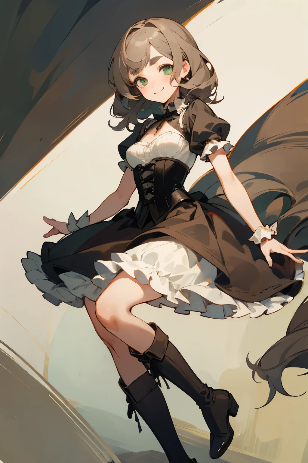Highest quality masterpiece detailed girl Grey brown hair color Well-groomed hair Wave Long Gray-green eyes dress corset Frills drape dress boots Bangs on eyebrows Troubled Smile Relief