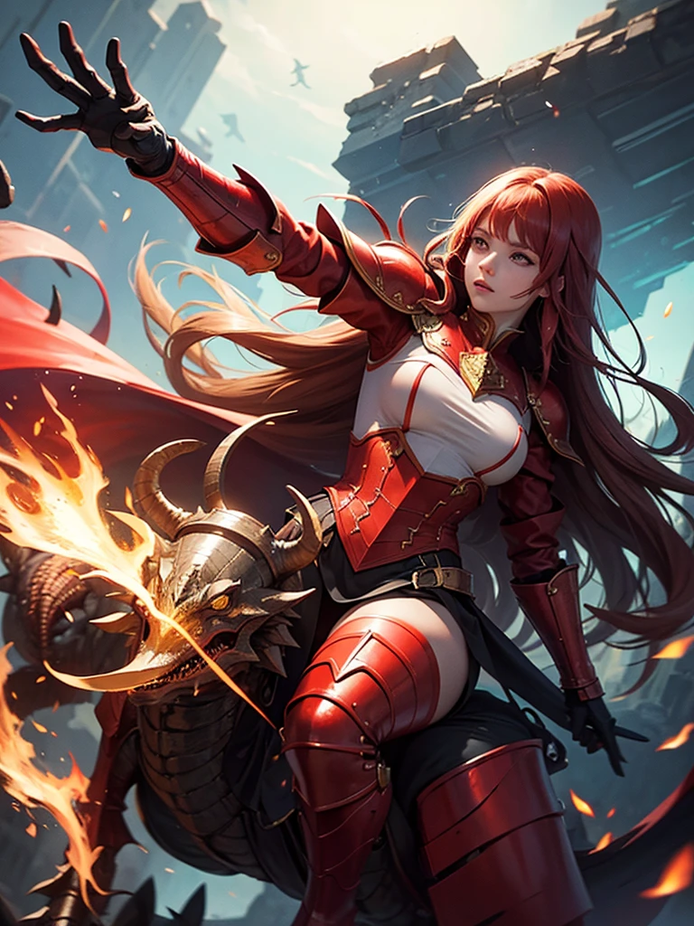 A girl riding a dragon, wearing red armor, attacking with fire magic, with long hair
