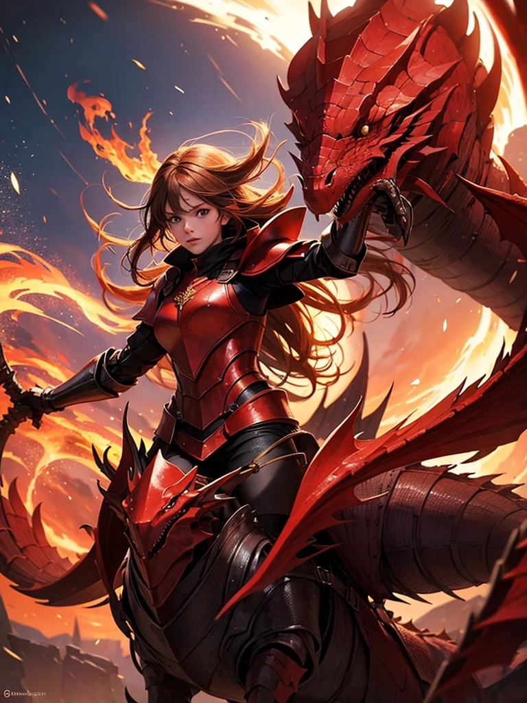 A girl riding a dragon, wearing red armor, attacking with fire magic, with long hair