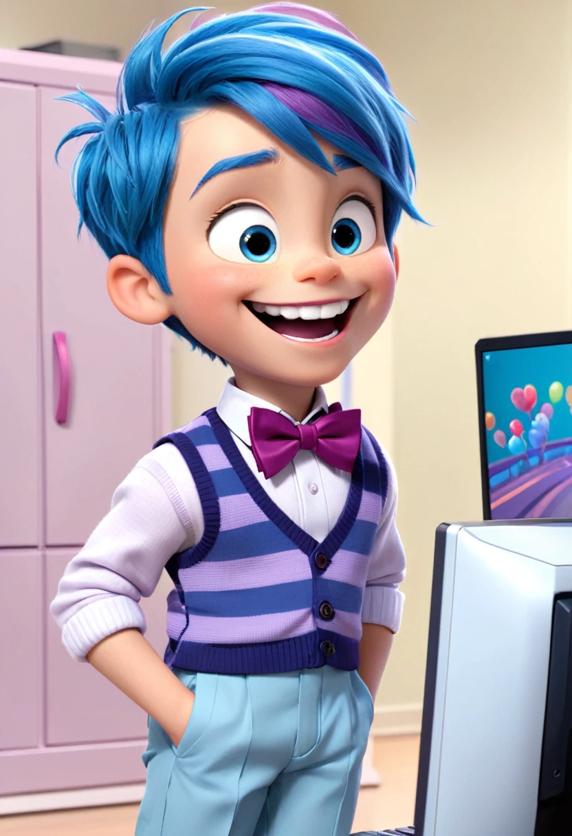 Fear (a boy character in the movie "Inside Out" with purple skin color, purple hair, powder blue long-sleeved shirt with white stripes, a Hounds tooth sweater vest, violet pants, black shoes, and a magenta bow tie) is excited, happy while looking at the computer screen, smile brightly, show the screen, scenetic, wide