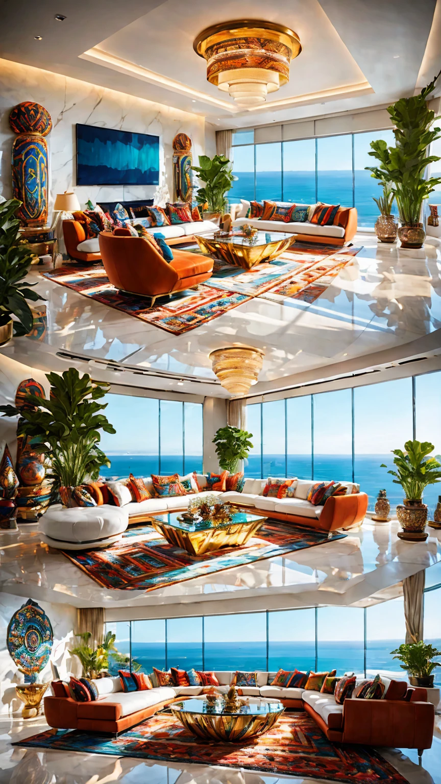 Light-filled,luxury,Futuristic living room in tribal style,Modern décor,Bright colors,Geometric pattern,Stylish furniture,A glass coffee table with a central metal accent, 周围是luxury的白色沙发,Metal wall decorated with tribal patterns, Ambient Lighting, Navajo Rugs,Floor-to-ceiling windows offer panoramic ocean views..,Emphasise the contrast between traditional tribal elements and modern technological advances，Open concept living space,The room is spacious and airy,Floor mirror,Elegant marble floor,A waterfall-like ornamental plant,Smart Home Technology,Artificial Intelligence Assistant,Theatre System,Contemporary Art Installation,Abstract Painting,Eye-catching color palette,Combination of warm and cool colors,Dynamic Lighting Effects,Ambient Lighting.(Highest quality,4K,High resolution,masterpiece:1.2),Very detailed,(Actual,photoActual,photo-Actual:1.37)