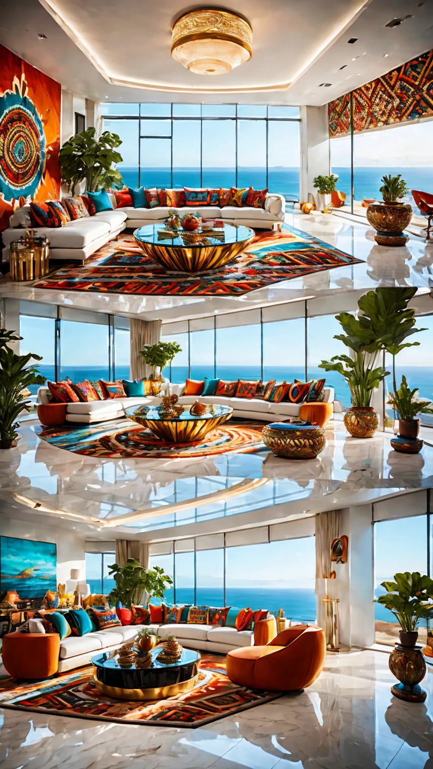 Light-filled,luxury,Futuristic living room in tribal style,Modern décor,Bright colors,Geometric pattern,Stylish furniture,A glass coffee table with a central metal accent, 周围是luxury的白色沙发,Metal wall decorated with tribal patterns, Ambient Lighting, Navajo Rugs,Floor-to-ceiling windows offer panoramic ocean views..,Emphasise the contrast between traditional tribal elements and modern technological advances，Open concept living space,The room is spacious and airy,Floor mirror,Elegant marble floor,A waterfall-like ornamental plant,Smart Home Technology,Artificial Intelligence Assistant,Theatre System,Contemporary Art Installation,Abstract Painting,Eye-catching color palette,Combination of warm and cool colors,Dynamic Lighting Effects,Ambient Lighting.(Highest quality,4K,High resolution,masterpiece:1.2),Very detailed,(Actual,photoActual,photo-Actual:1.37)