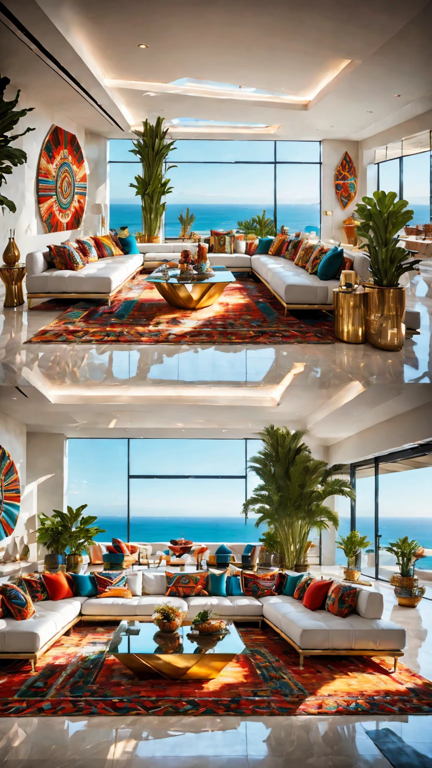 Light-filled,luxury,Futuristic living room in tribal style,Modern décor,Bright colors,Geometric pattern,Stylish furniture,A glass coffee table with a central metal accent, 周围是luxury的白色沙发,Metal wall decorated with tribal patterns, Ambient Lighting, Navajo Rugs,Floor-to-ceiling windows offer panoramic ocean views..,Emphasise the contrast between traditional tribal elements and modern technological advances，Open concept living space,The room is spacious and airy,Floor mirror,Elegant marble floor,A waterfall-like ornamental plant,Smart Home Technology,Artificial Intelligence Assistant,Theatre System,Contemporary Art Installation,Abstract Painting,Eye-catching color palette,Combination of warm and cool colors,Dynamic Lighting Effects,Ambient Lighting.(Highest quality,4K,High resolution,masterpiece:1.2),Very detailed,(Actual,photoActual,photo-Actual:1.37)