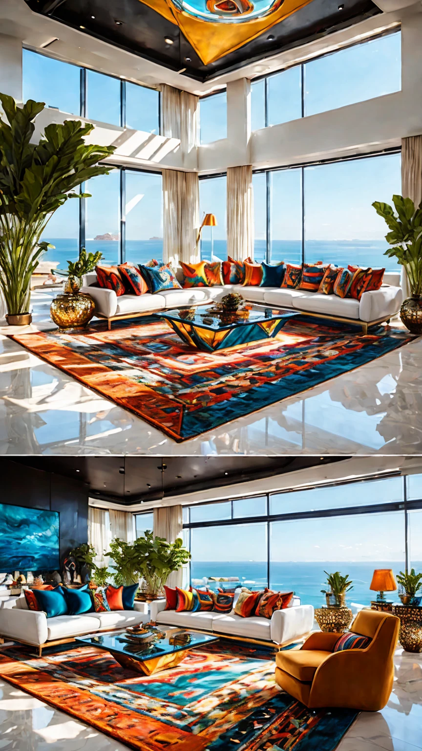 Light-filled,luxury,Futuristic living room in tribal style,Modern décor,Bright colors,Geometric pattern,Stylish furniture,A glass coffee table with a central metal accent, 周围是luxury的白色沙发,Metal wall decorated with tribal patterns, Ambient Lighting, Navajo Rugs,Floor-to-ceiling windows offer panoramic ocean views..,Emphasise the contrast between traditional tribal elements and modern technological advances，Open concept living space,The room is spacious and airy,Floor mirror,Elegant marble floor,A waterfall-like ornamental plant,Smart Home Technology,Artificial Intelligence Assistant,Theatre System,Contemporary Art Installation,Abstract Painting,Eye-catching color palette,Combination of warm and cool colors,Dynamic Lighting Effects,Ambient Lighting.(Highest quality,4K,High resolution,masterpiece:1.2),Very detailed,(Actual,photoActual,photo-Actual:1.37)