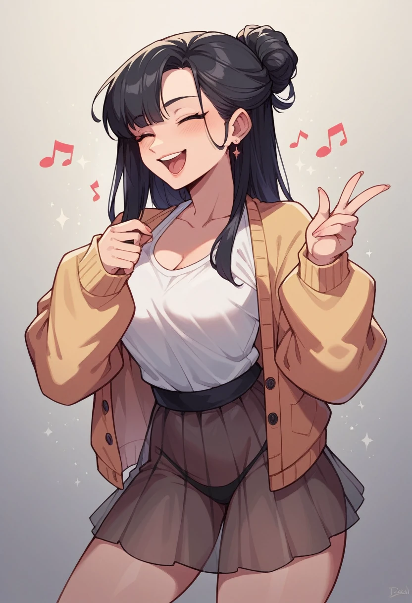 ((1 girl,))nsfw,, half updo, black hair,cardigan, see-through skirt,glamorous,stand,in karaoke box ,singing