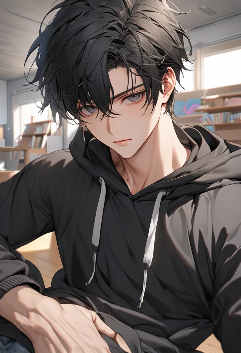 A highschool boy, handsome, perfect body, black hair, short hair, mullet, black eyes, upturned eyes, expressionless, black hoodie, anime, first-person view, masterpiece, anatomically correct, high details, highres, best quality, super detail, 1080P